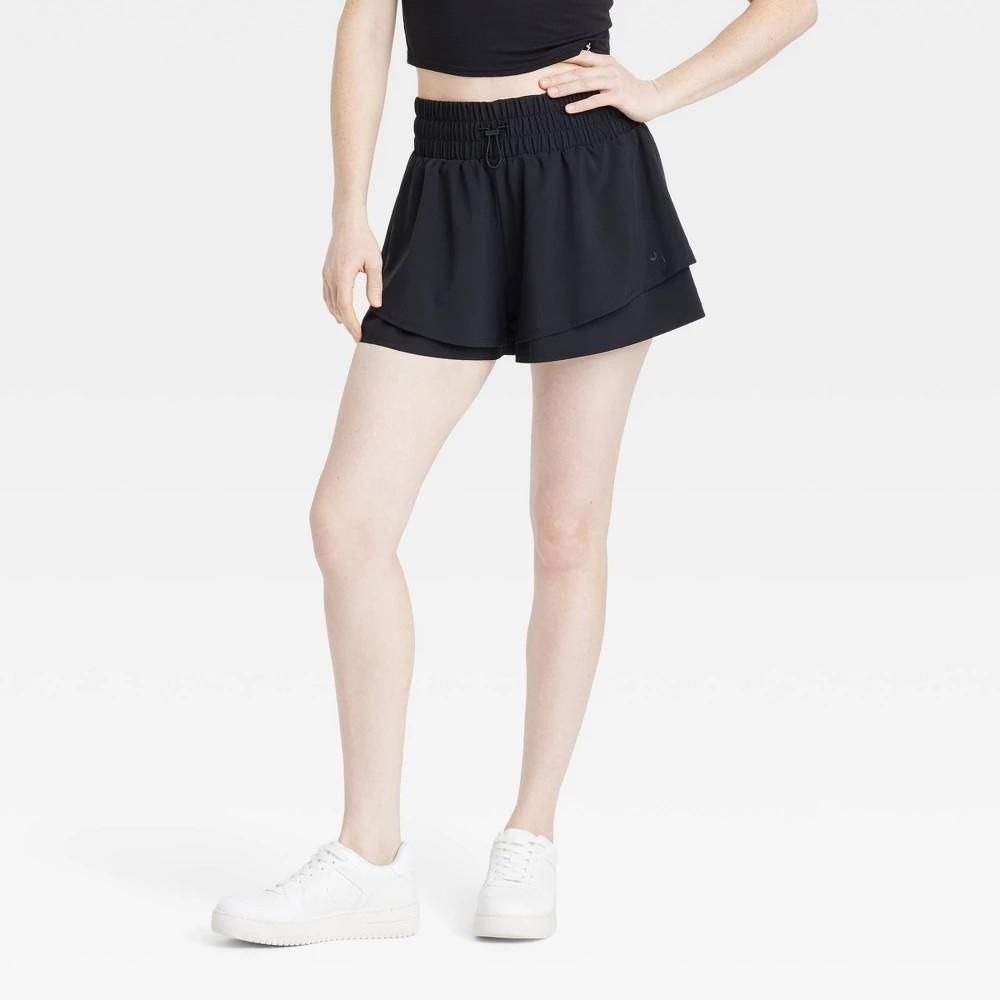 JoyLab Womens Double Layer Woven Mid-Rise Shorts 2.5 Inseam Black Small